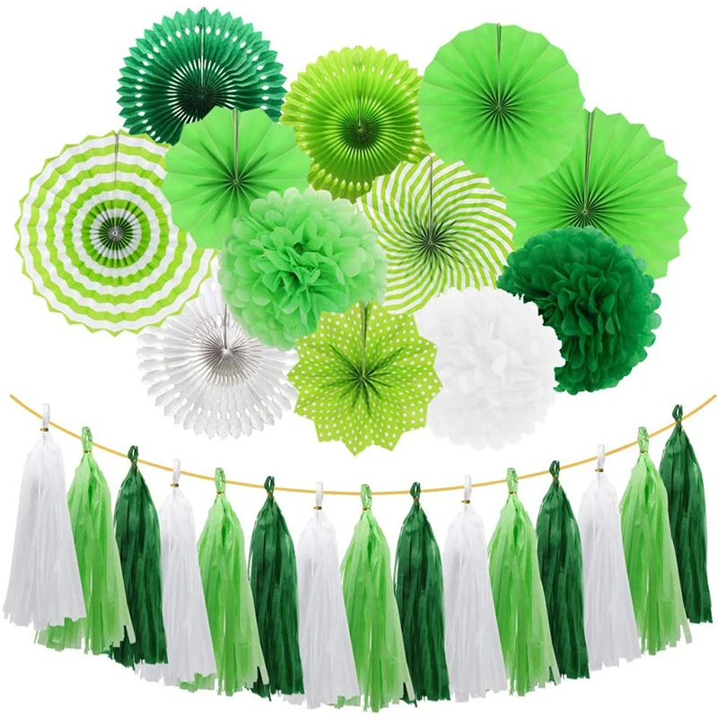 

Green Birthday Party Decorations Kit Paper Fans Pom Poms Flowers Tassel Garland for Hanging Tropical Hawaiian Party Decorations
