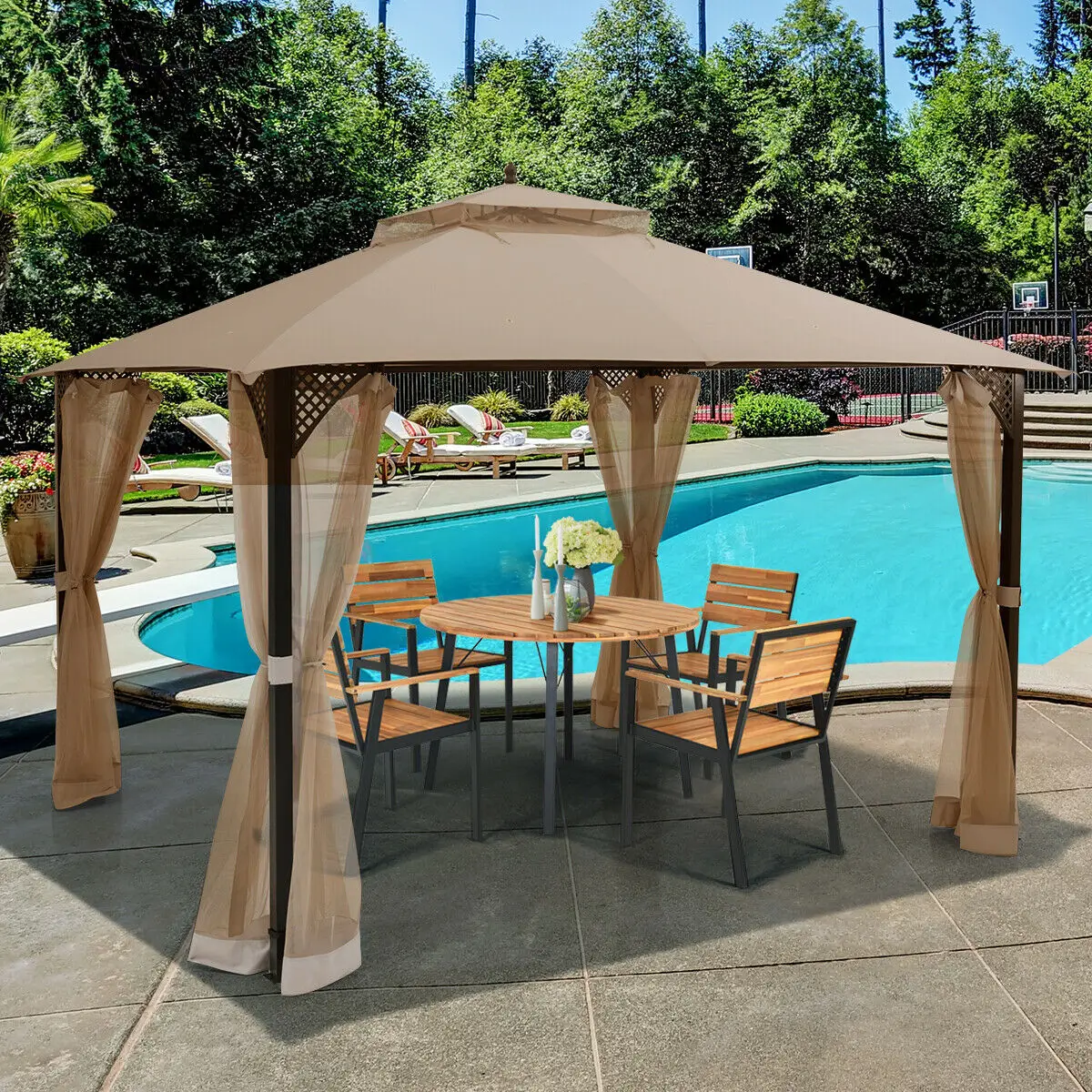 

Patiojoy 12' X 10' Outdoor Patio Gazebo Canopy Shelter Double Top Sidewalls Netting Brown