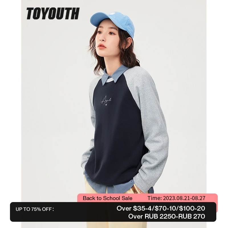 

Toyouth Women Fleece Sweatshirt 2022 Winter Long Sleeve O Neck Loose Hoodie Two-color Stitching Warm Casual Streetwear Pullover