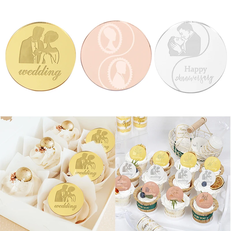 

10pcs Acrylic Rose Gold Silver Happy Wedding Bride Groom Cake Toppers Circle Cupcake Toppers Cake Decoration for Wedding Dessert