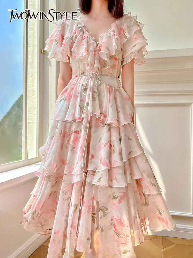 

TWOTWINSTYLE Patchwork Lace Up Dresses For Women V Neck Short Sleeve High Waist Tunic A Line Dress Female Fashion Clothing 2023