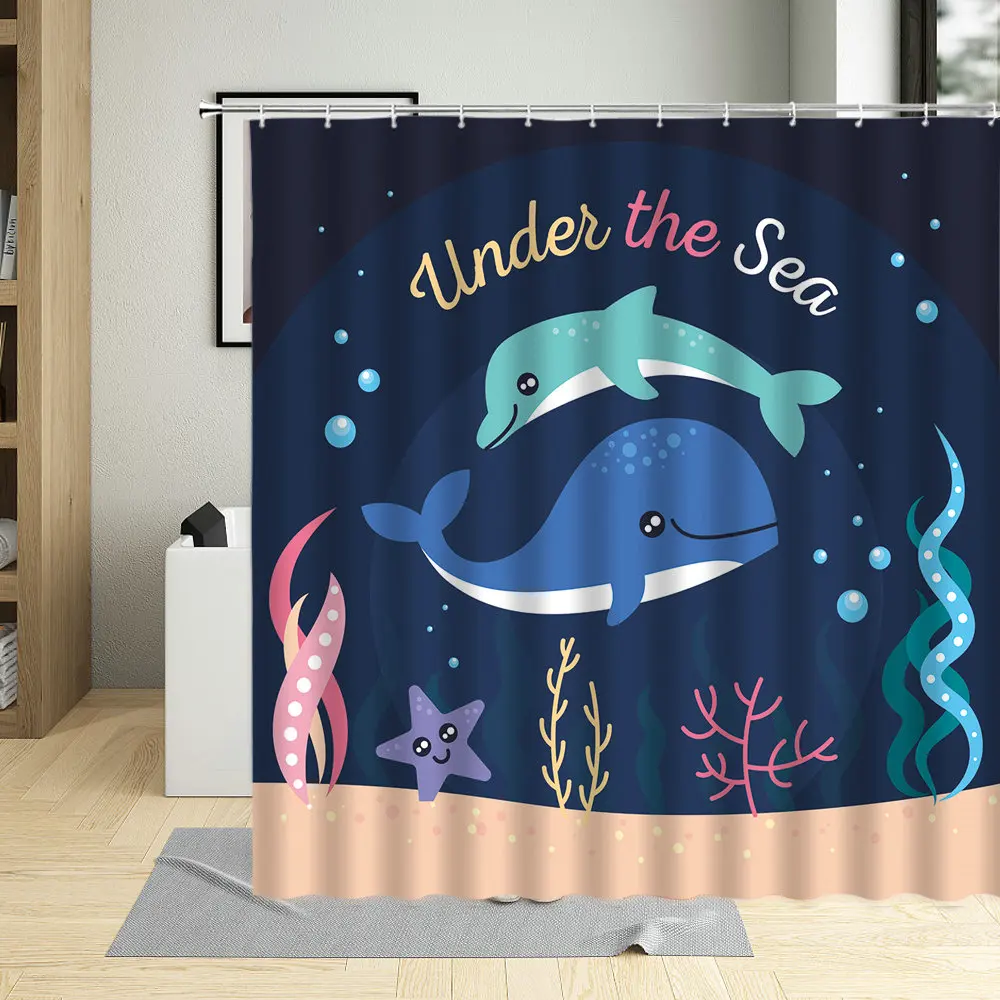 

Занавеска для душа с мультяшными животными, креативные водонепроницаемые занавески для ванной комнаты с изображением синего Кита, дельфина для девочек и мальчиков, экраны