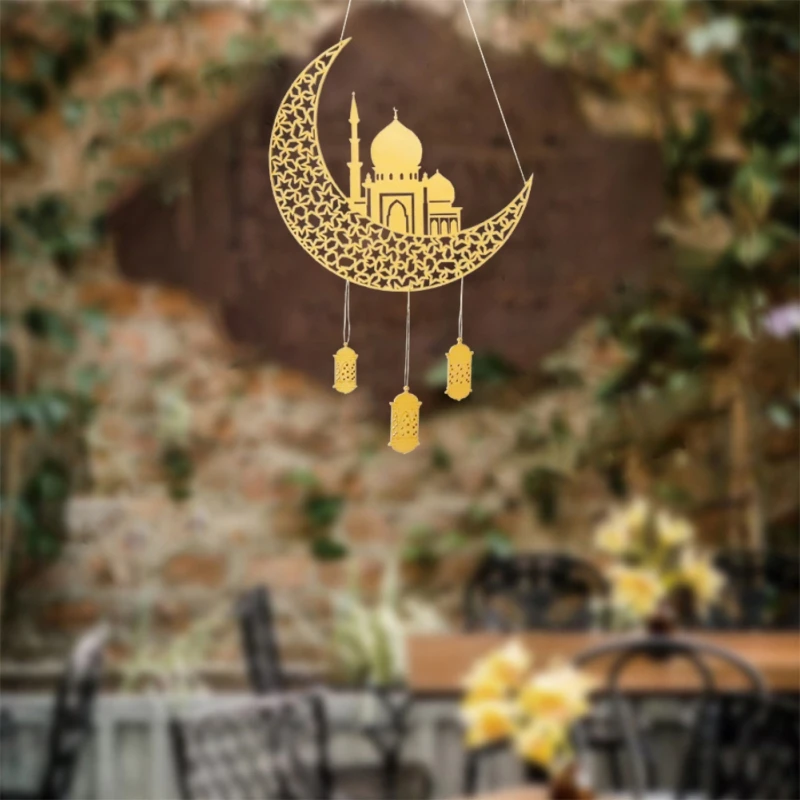 

2022 Ramadan Kareem Decorations Pendant Wooden Wall Hanging Ornament Gold with Moon Star for Home Bedroom Living Room Windows