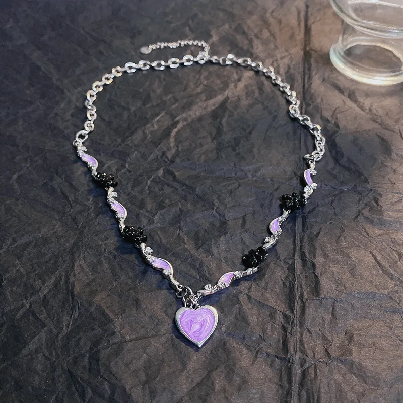 

New Vintage Aesthetic Goth Purple Heart Pendant Stainless Steel Chain Necklace For Women EMO Punk Grunge Jewelry Y2k Accessories