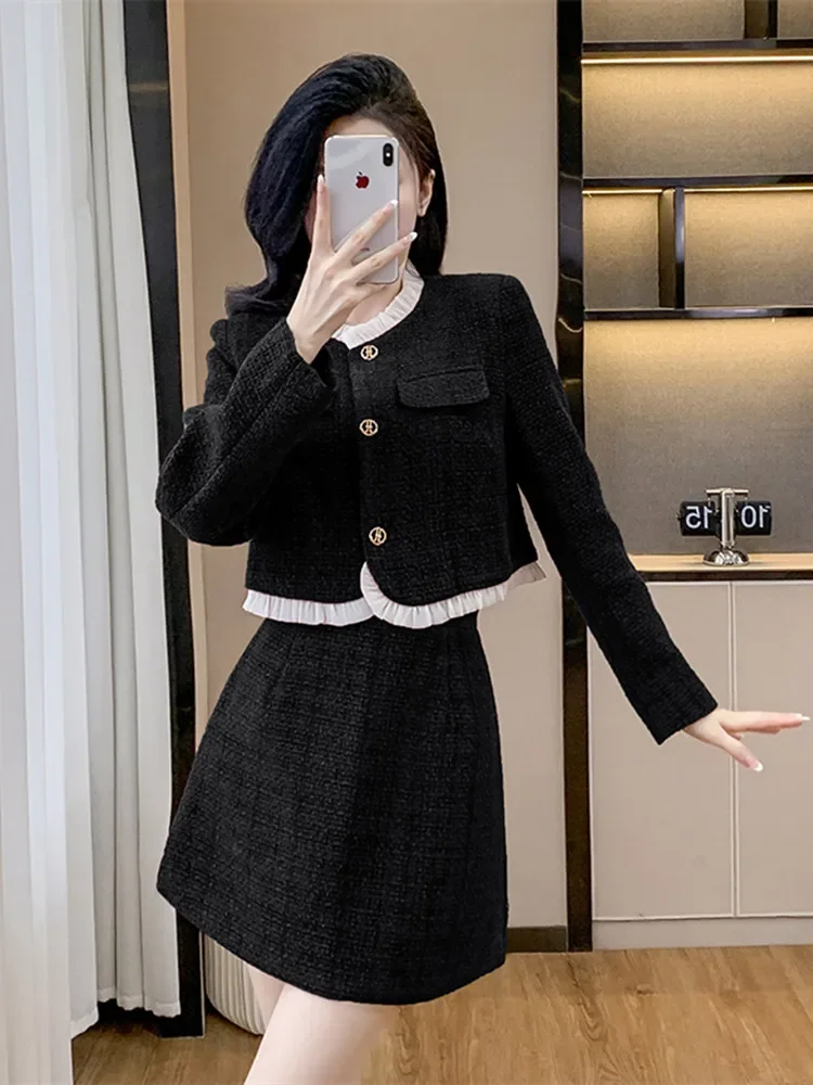 Новый осенне-зимний женский элегантный твидовый костюм с короткой юбкой модная