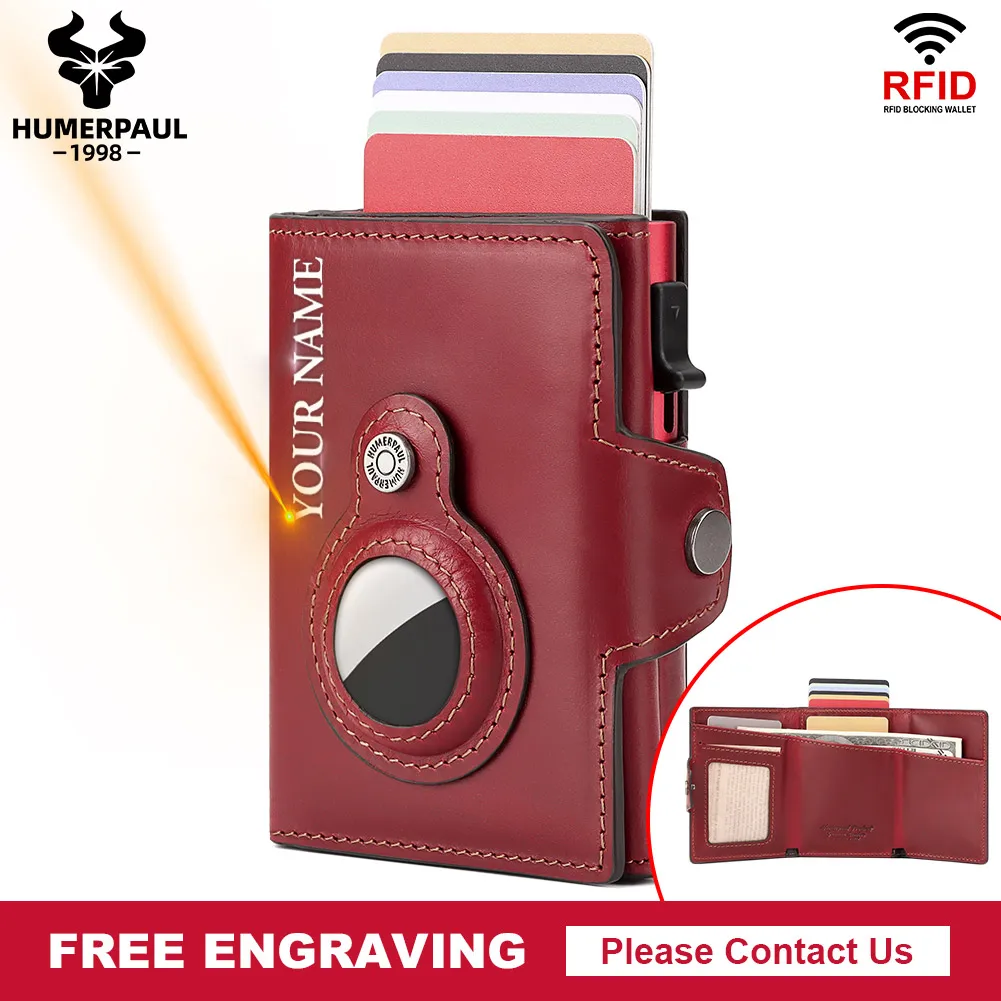 

New Small Mini Wallets for Women Apple AirTag Card Holder RFID Protect Automatic Card Case Cowhide Fashion Purse with Engraving