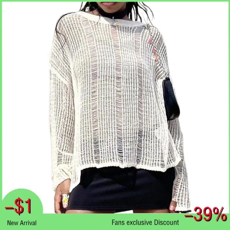 

Женские футболки, привлекательные модные топы с длинным рукавом, однотонные Ажурные топы с круглым вырезом, тонкие вязаные крючком повседн...