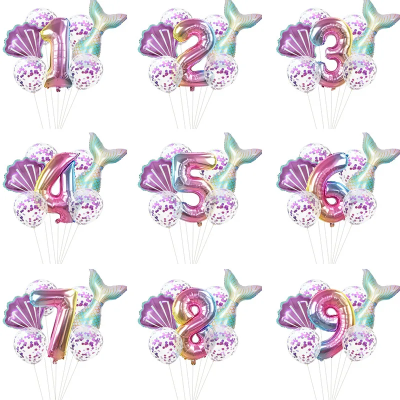 

7pcs Mermaid Tail Shell Balloon Set 32inch Number Balloons Girls Birthday Wedding Party Decoration Baby Shower Confetti Globos