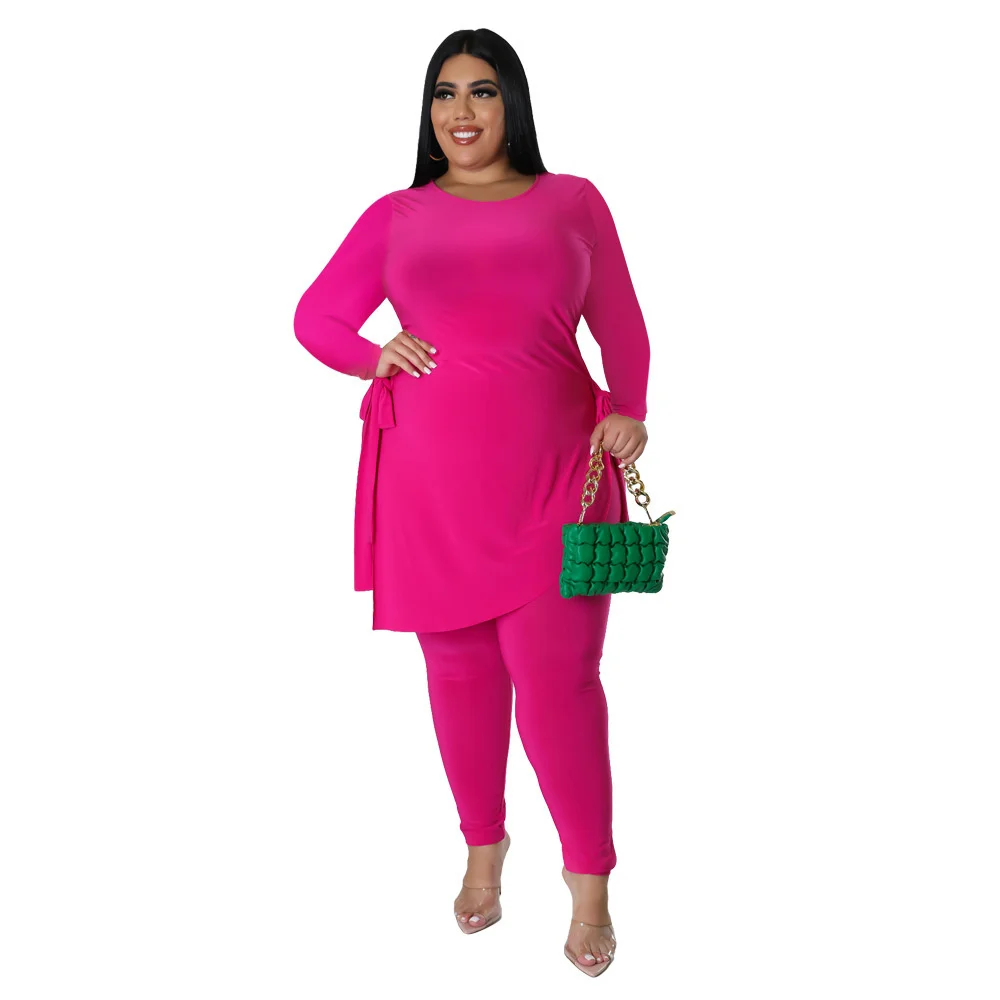 Plus Size Two-piece Set Women's Long Sleeve Solid Bandage Crew Neck Top Slip Hem Leggings Suit New Fashion Lady Casual Outfits