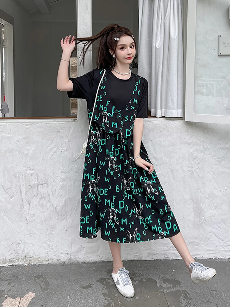 

2023 Summer Korea Fashion Woman Dress Vestidos Robe Elbise Loose Plus Size Letter Print Short Sleeve Maxi Long Dresses For Women