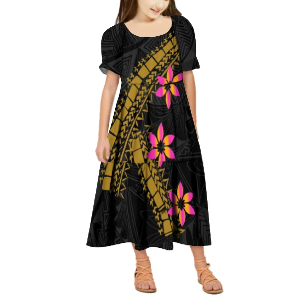 

Girls Long Sleeves Casual White Dress Arrivals Child Outfit Polynesian Tribal Print Girl Loose Dress For White Sunday