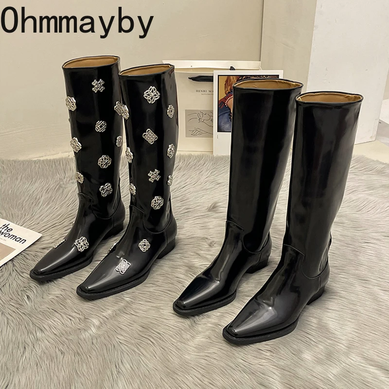

Autumn Woman High Boots Fashion Black Leather Ladies Elegant Low Heel Long Boots Shoes Metal Decoration Winter Women's Footwear