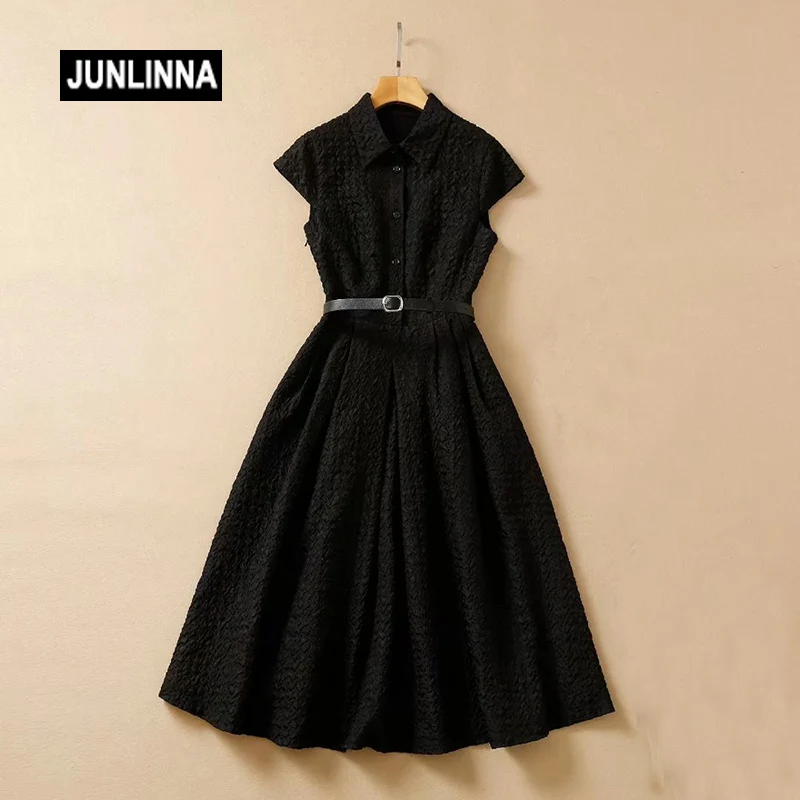 

JUNLINNA Runway Fashion Women Dress Summer Elegant Party High Street Pure Colour Wrinkle Midi Vestidos Sashes Sliming