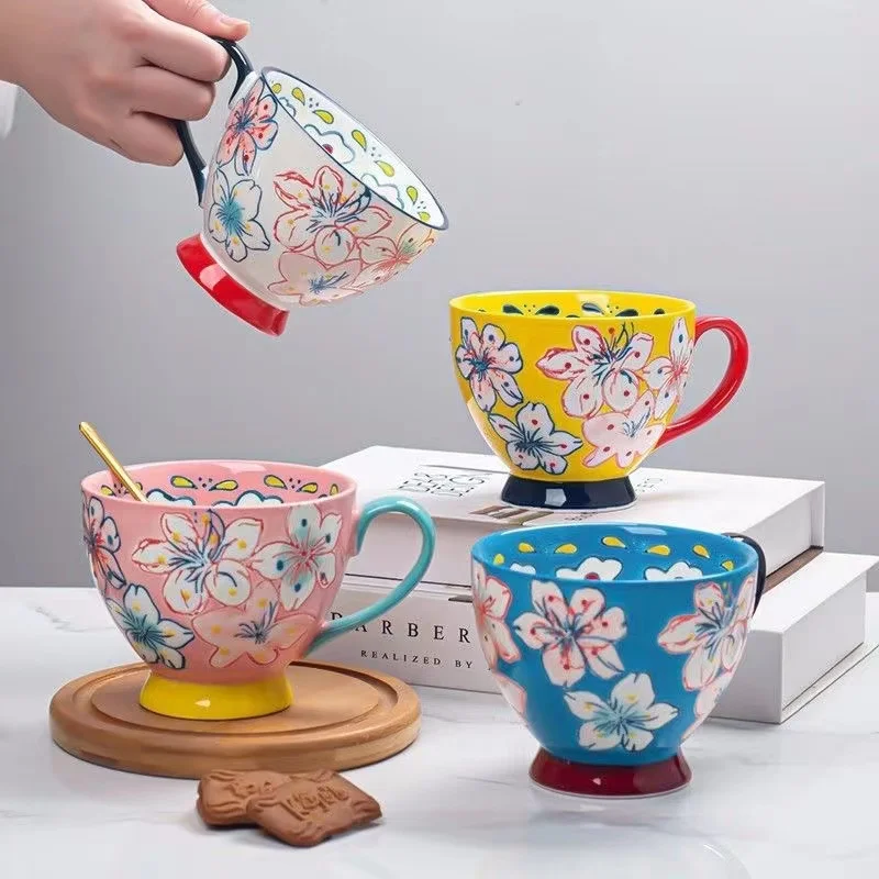 450ml High Quality Hand-painted Relief Breakfast Cup Oatmeal Cup Large Volume Ceramic Coffee Mug  Milk Mugs