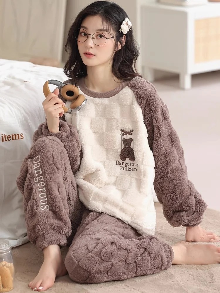 Пижамы из кораллового флиса для женщин новые зимние пижамы на флисовой подкладке