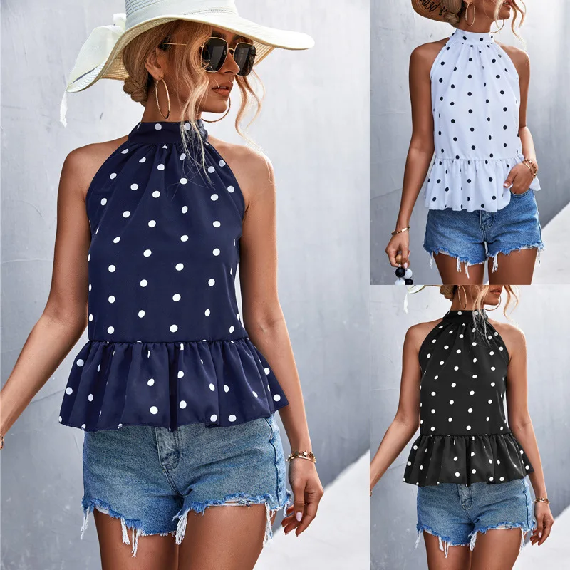 

2022 Summer New Products Hot Sale Polka Dot Halter Straps Front Short Back Long Top Women