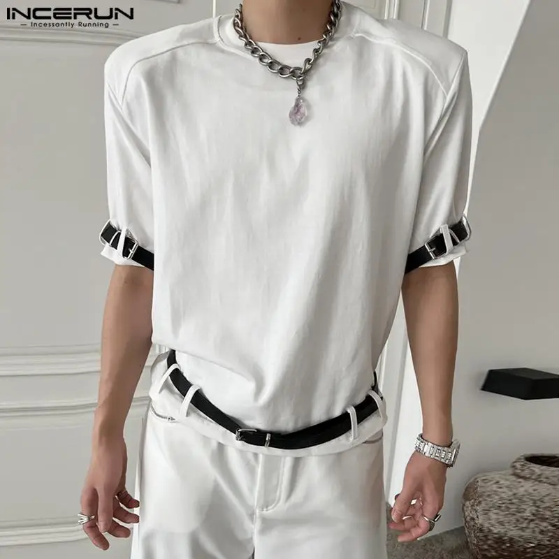 

INCERUN Tops 2023 Korean Style Men's Belt Design Solid O-Neck T-shirts Casual Well Fitting Cropped Short Sleeved Camiseta S-5XL