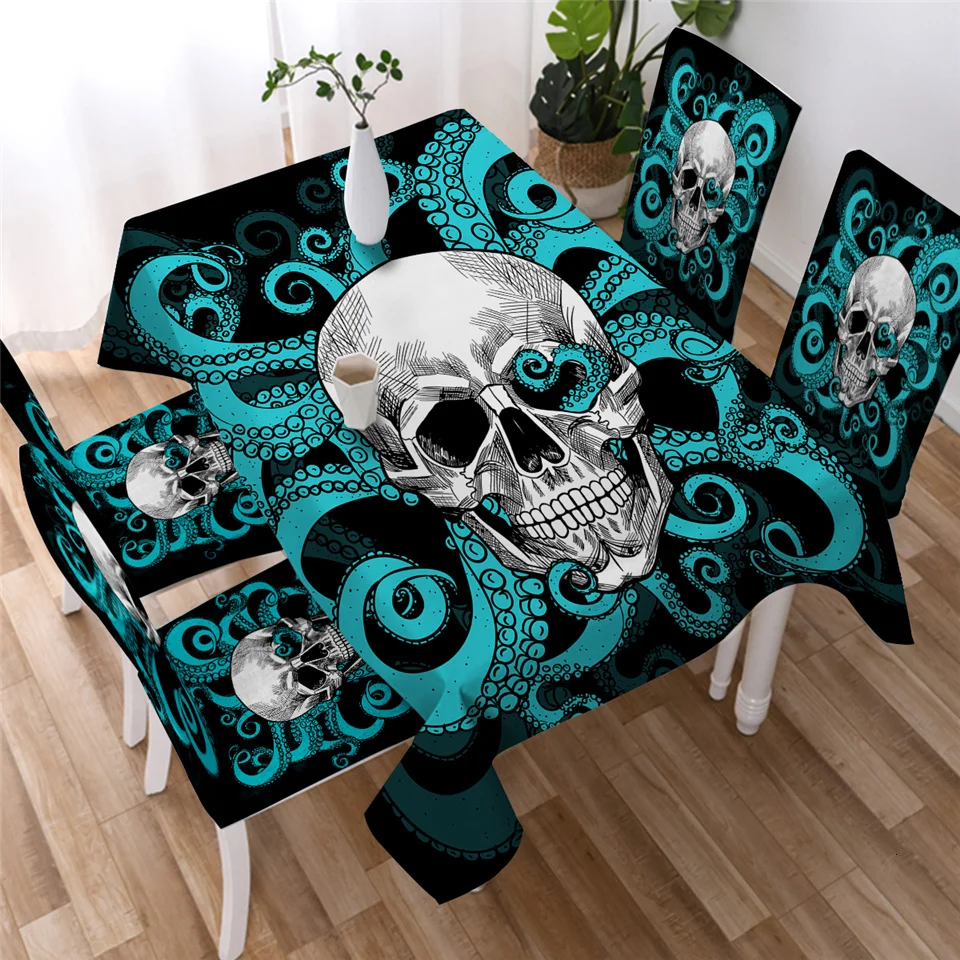

Vivid Skull Tablecloth Gothic Waterproof Table Cloth Black and White Watercolor Decorative Table Cover Nappe De Table Manteles