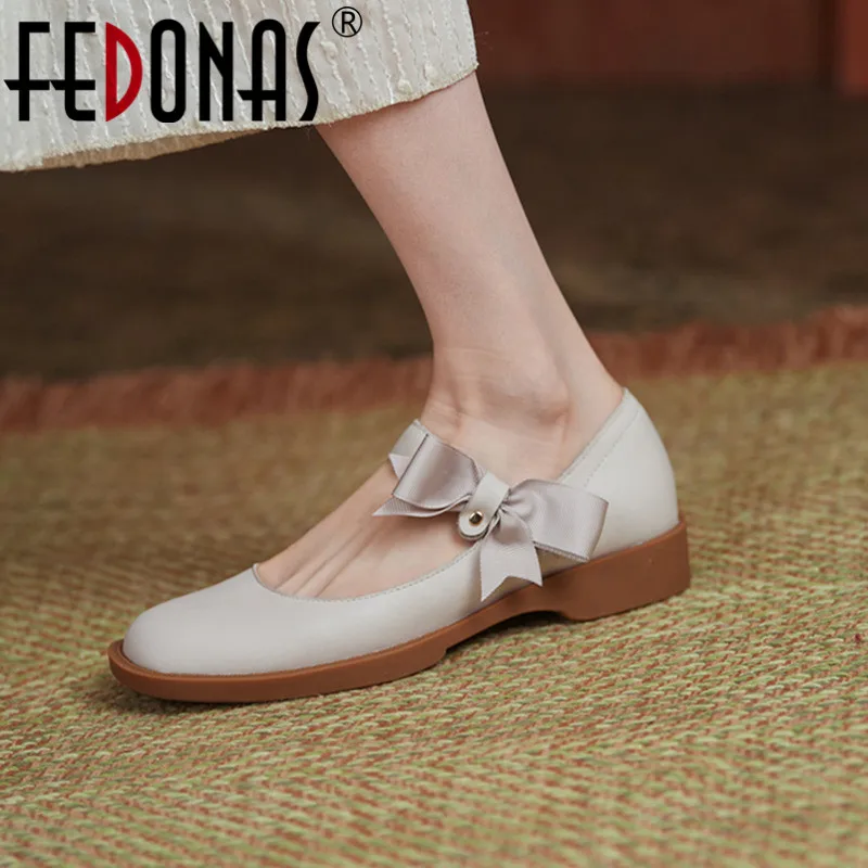 

FEDONAS Women Pumps Casual Sweet Butterfly-Knot Round Toe Mary Janes Genuine Leather Low Heels Spring Summer New Shoes Woman