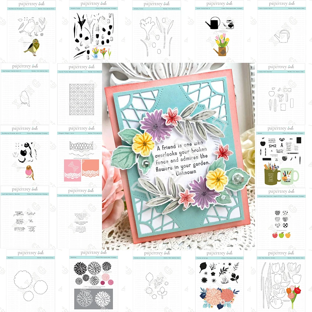 2022 Feathered Sentiments Stamps Tulips Vase Collection Teacher Apple Prints Posies Sprigs Dahlias Quotes Lace Stencils Cut Dies