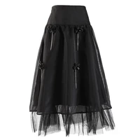 phoebe hz high waist black rhinestones flower mesh elegant half body skirt women fashion tide new spring autumn 2022