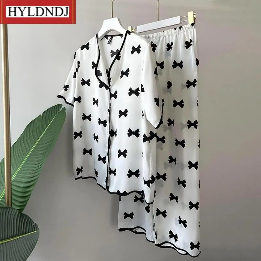 Women Ice Silk Pajamas Bow Print Lapel Pyjamas Sexy Lingerie Women's Home Clothes Sleepwear 2-Piece Set Pajamas for