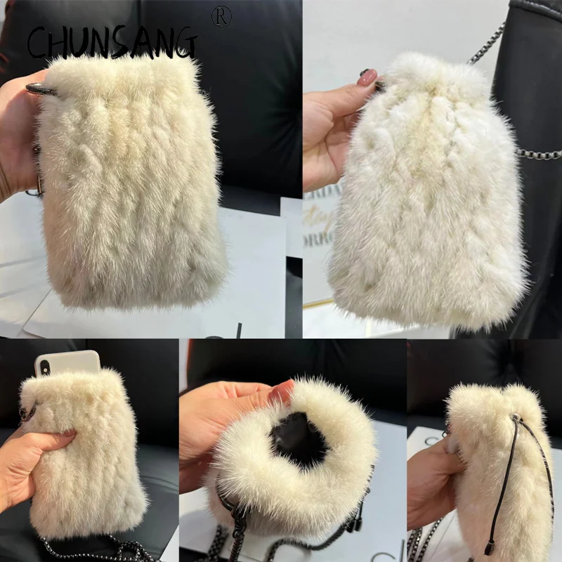 Mink Wool Real Fur Bag for Woman Hand-woven Luxury Charm Retro Bucket Bags Female Chain Women's Handbag Plush Designer Warm