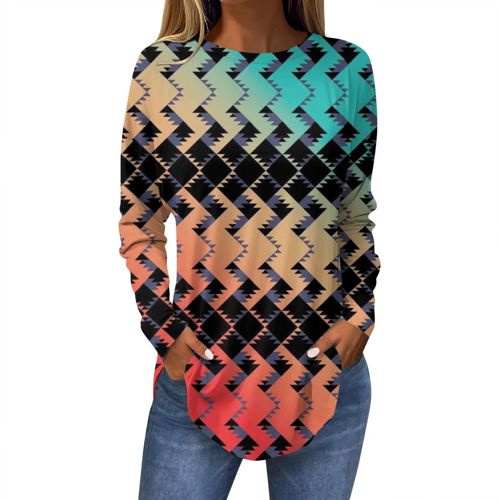 Женский топ с длинным рукавом круглым вырезом и принтом