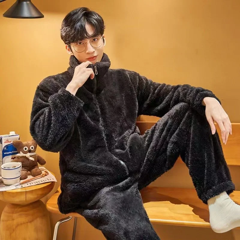 

Long Pijamas Soft Home 2 Male /sets Piece Sets Suit Sleepwear Nightwear Warm Flannel Winter Thicken Sleeve Pajamas Men's