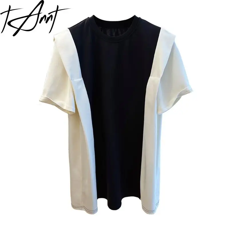 

Tannt Women T Shirt Color Matching Patchwork Oversized T Shirt Asymmetry Black Khaki Summer Tshirt Tops Women 2023 New