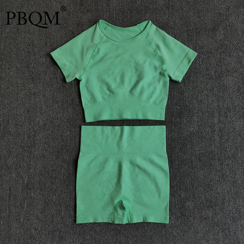 

PBQM 2 Pcs/set Women Short Sleeve High Waist Shorts Sportswear Yoga Set Vital Seamless Sport Suit Gym Clothing Fitness Top Shirt