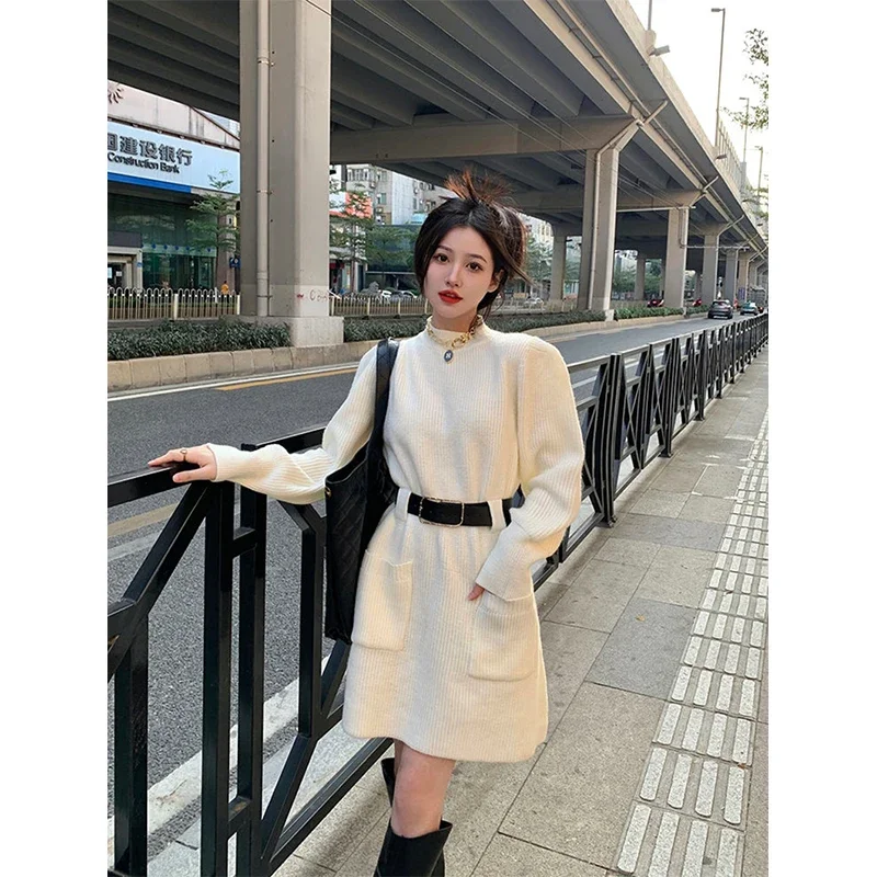 Винтажное вязаное мини-платье с поясом женская уличная одежда свободный свитер