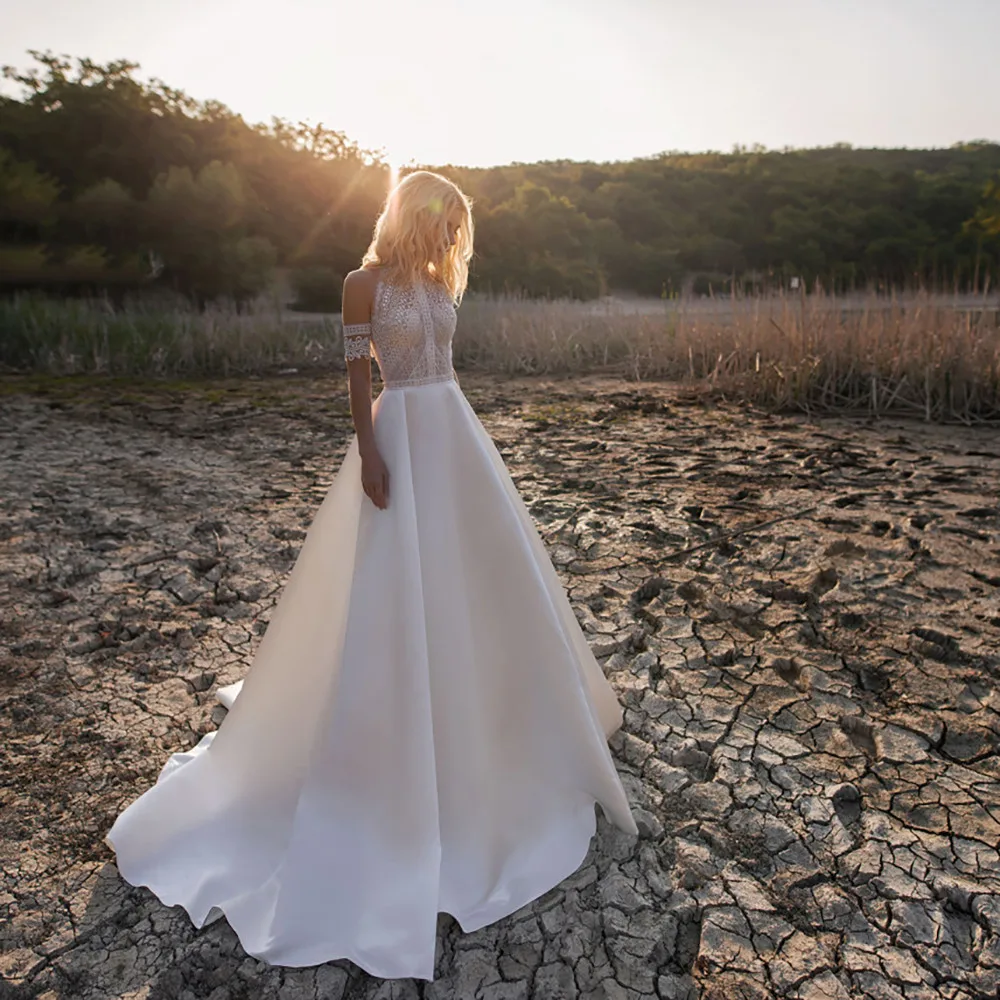 

Bohemian Cutout Lace Halter Wedding Dress A Line Racerback Pearls Closure Custom Made Beach Luxe Satin Elopement Bridal Gowns