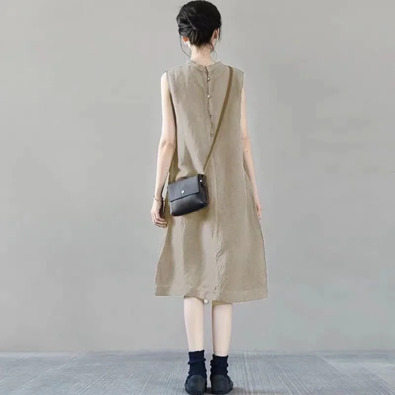 Однотонное длинное платье из хлопка и льна женское летнее однобортное свободное