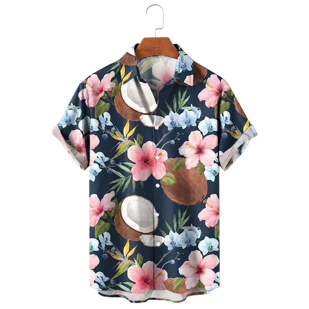 HX Fashion Men's Shirts Hawaii Bohemia Hibiscus Coconut 3D Printed Casual Shirt Short Sleeve Beach Shirt