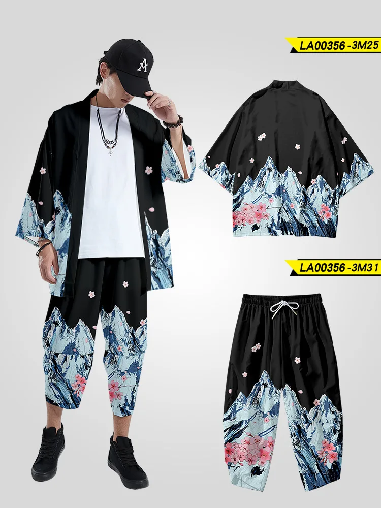 Couple Cherry Blossom 2PCS Robe Sets Rayon Cardigan Pajamas Pant Sleepwear Suit 3/4 Sleeve Kimono Robe Casual Home Wear Oversize