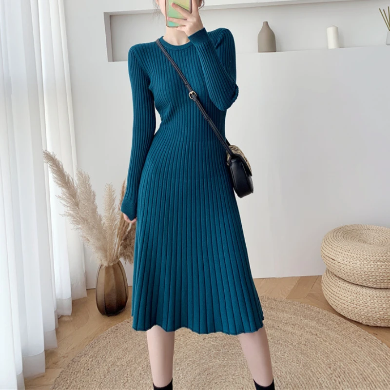 

Autumn Sleeved Slim Flared Rib Knitted Midi Long Dress Elegant O Neck Blue Striped Below Knee A-line Pull-over Knit Dress