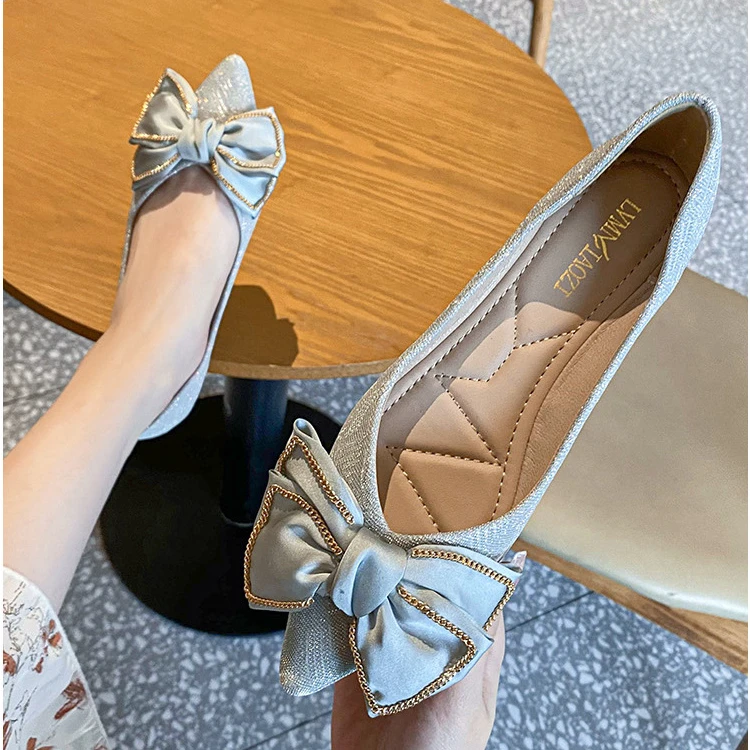 Women Pointed Toe Flats Pumps Bowknot Decoration Wedding Party Shoes Soft Soles Slip on Loafers Office Lady Shoes 658-5