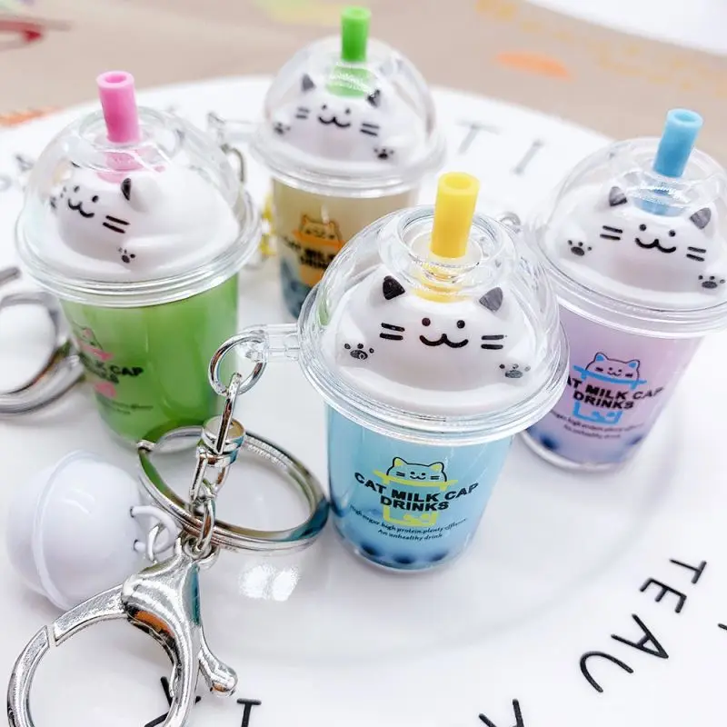

Creative Bubble Tea Keychains Sweet Korean Style Girls Car Keys Keychains Cute Milk Cup Keychain With Cat Cap Keyrings Wholesale