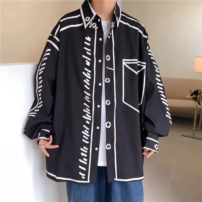 ENAIHUI Men's Shirts Hand-painted Graffiti Long-sleeved Top Couple Casual Loose All-match Shirt Jacket Ruffian Handsome Niche