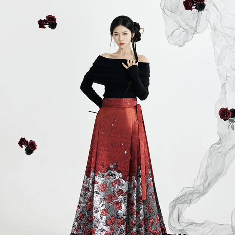 Юбка с изображением лошади плетеная золотая нить вышивка роза цветок ханьфу 2024