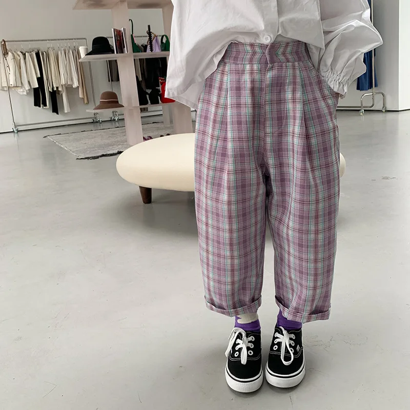 Korean style Kids straight plaid casual pants Girls fashion loose cotton trousers 1-8Y