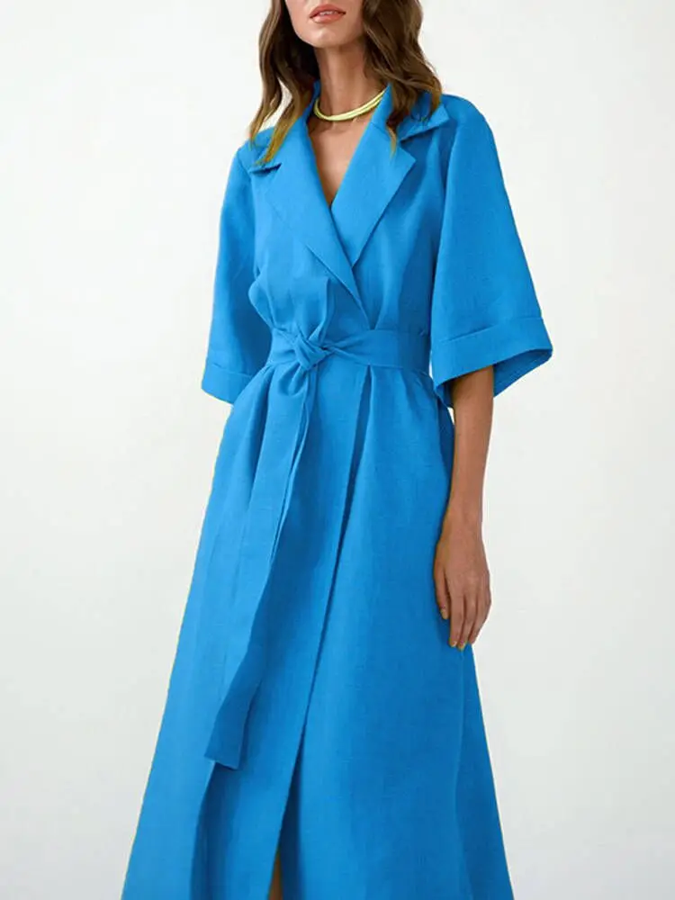 

Retro Women Lapel Collar Wrap Long Dress Spring Solid Tie-up Belted Cotton Linen Dress Summer Short Sleeve Slit Maxi Party Dress