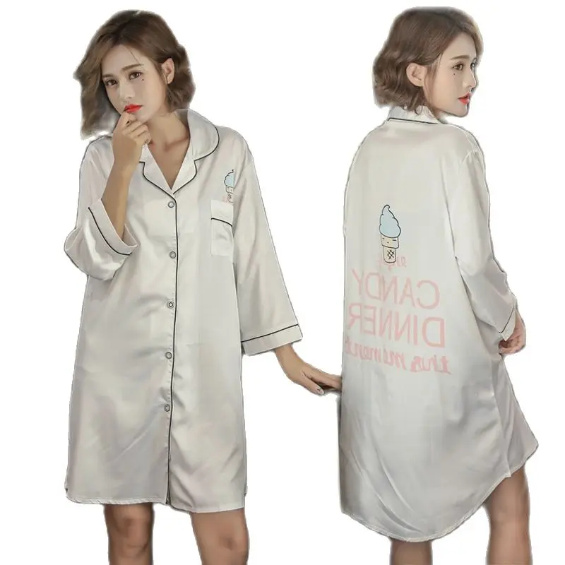 Women's Home Clothes Homewear Button Nightgown Turn-down Collar Nightie Three Quarter Sleeve Women Summer Thin Silk Night Dress