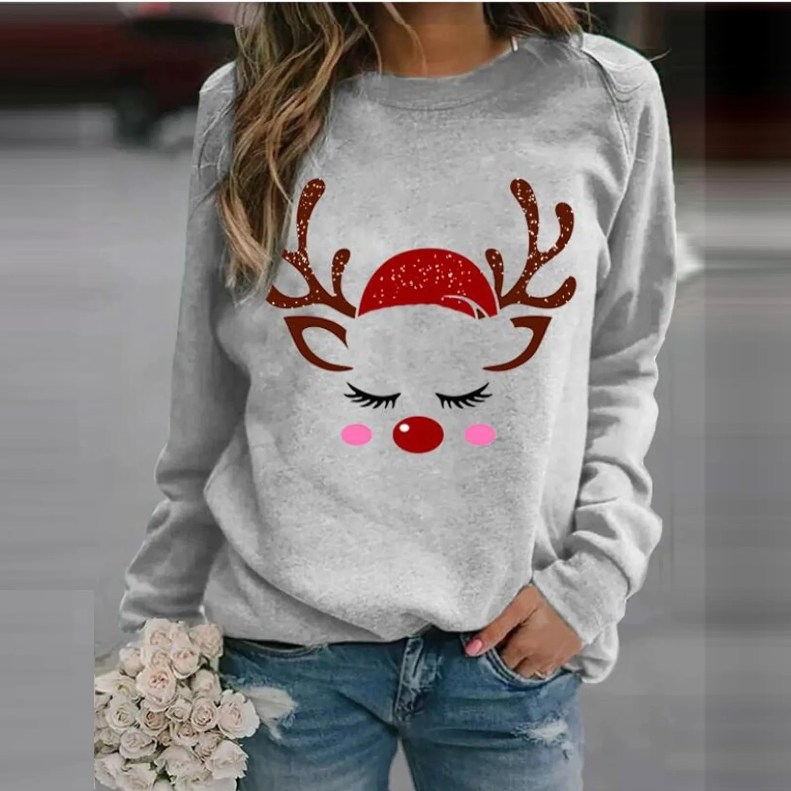 

Women Casual Sweatshirt Christmas Printing Raglan Long Sleeve Loose Tops Sweatshirt Hoodie Pullover Autumn Elegant Warm Hoodies