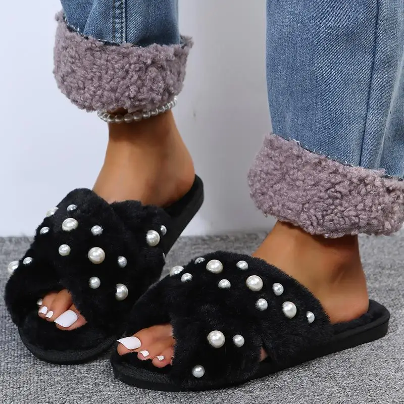 

Winter New Women Slippers Round-toe Thick-soled Flat Mid-heel Fur Sandals Bowknot Rhinestone Slippers Home Slippers furry slides