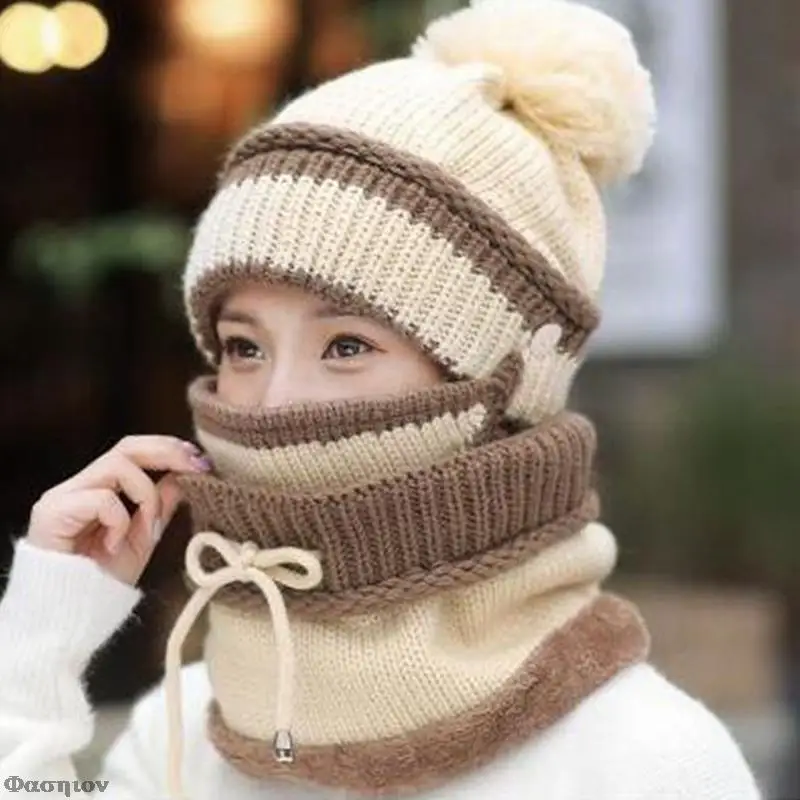 

Winter Mask Hat Scarf Set Women Girls Outdoor Fleece Inside Knitted Riding Thick Warm Hat Scarf Accessories