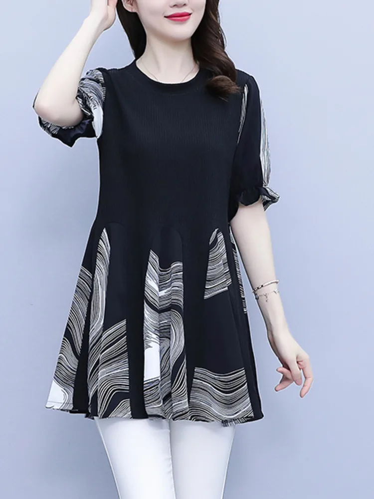 #2868 офисная Винтажная футболка женская с разрезом и принтом модная коротким