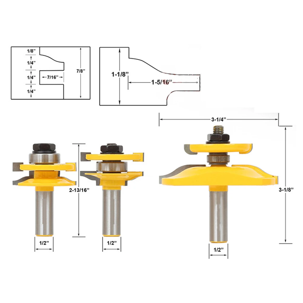 

3pcs Tongue Groove Router Bit Set 1/2inch Shank Woodwork Tenon Cutter Tool