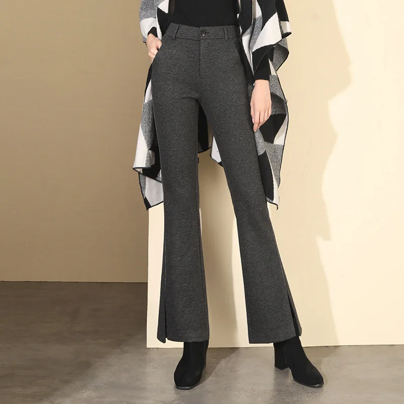 

Women Zipper High Waist Slim Casual Woolen Flare Pants Autumn Winter Office Lady Elegant Slit British Style Trousers 4XL 0586